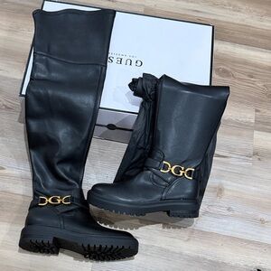 GUESS JELLIO Black Knee-High Boots with Gold Accent SIZE US 6 new with box